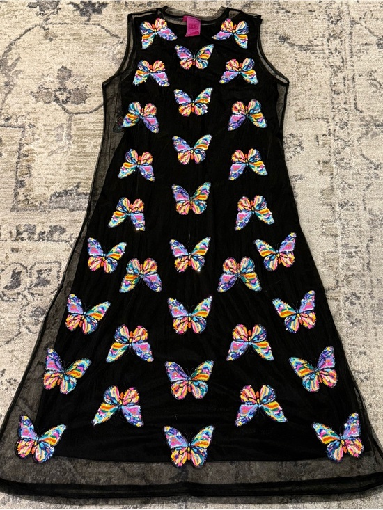 QUEEN OF SPARKLES Dresses & Skirts - QUEEN OF SPARKLES Black Midi Dress with Multicolor Sequin Butterfly Embroidery